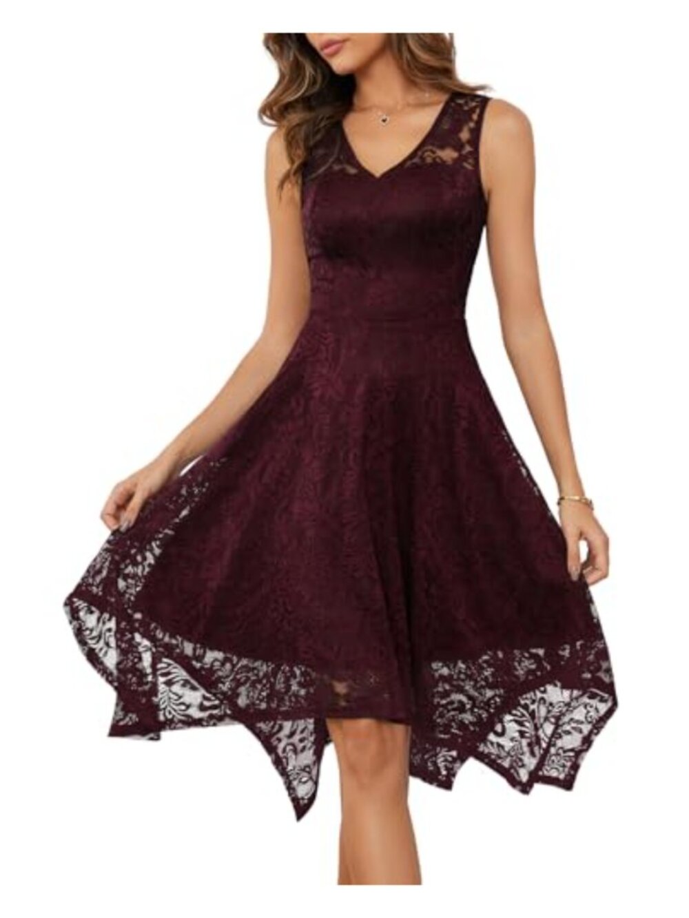 Women's Lace Cocktail Dress Handkerchief Hem V-Neck Sleeveless Party